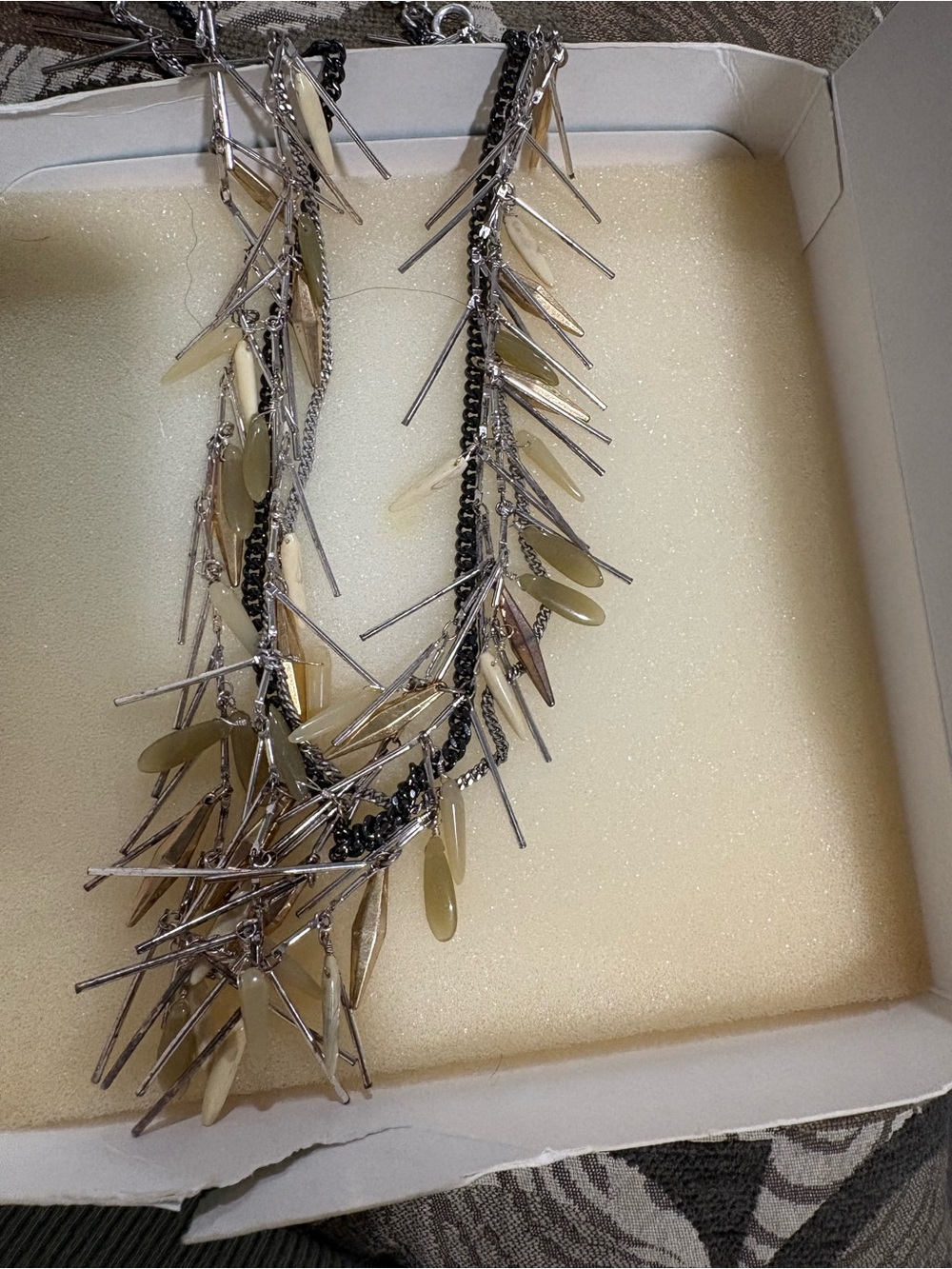 Layered Spike and Teardrop Statement Necklace - Silver and Cream